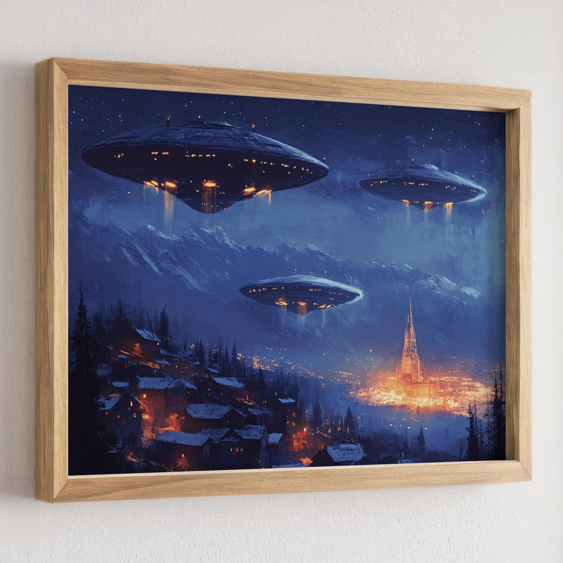 UFO Invasion Art Print, Sci-fi Wall Decor, Night Sky Artwork, Alien ...