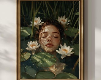 Surreal Nature Art Print, Ophelia Inspired, Ethereal Woman in Water, Water Lily Fantasy Art, Mystical Feminine Artwork, Dark Bohemian Decor