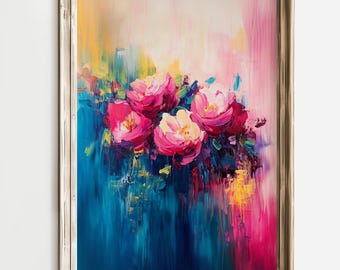 Abstract Flower Art Print, Colorful Peony Painting, Vibrant Floral Artwork, Modern Brushstroke Art, Bold Floral Wall Decor, Floral Painting