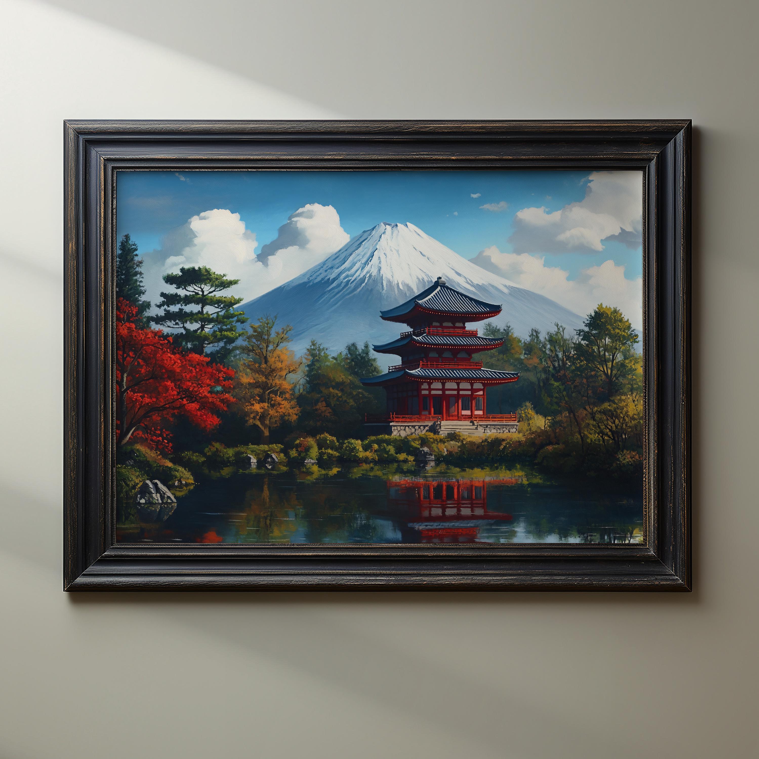 Mount Fuji Art Print, Japanese Temple Wall Art, Pagoda Landscape ...