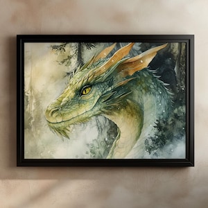 Green Forest Dragon Art Print, Fantasy Dragon Wall Art, Watercolor Dragon Poster, Mythical Creature Illustration, DnD Room Decor