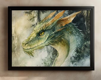Green Forest Dragon Art Print, Fantasy Dragon Wall Art, Watercolor Dragon Poster, Mythical Creature Illustration, DnD Room Decor