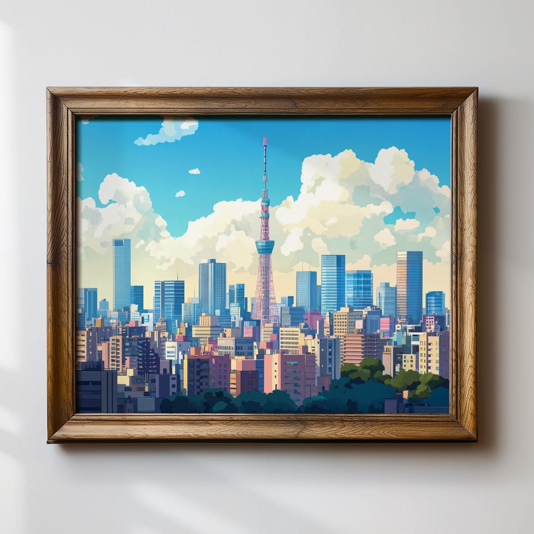 Tokyo City Skyline Print, Skytree Anime Style Wall Art, Colorful