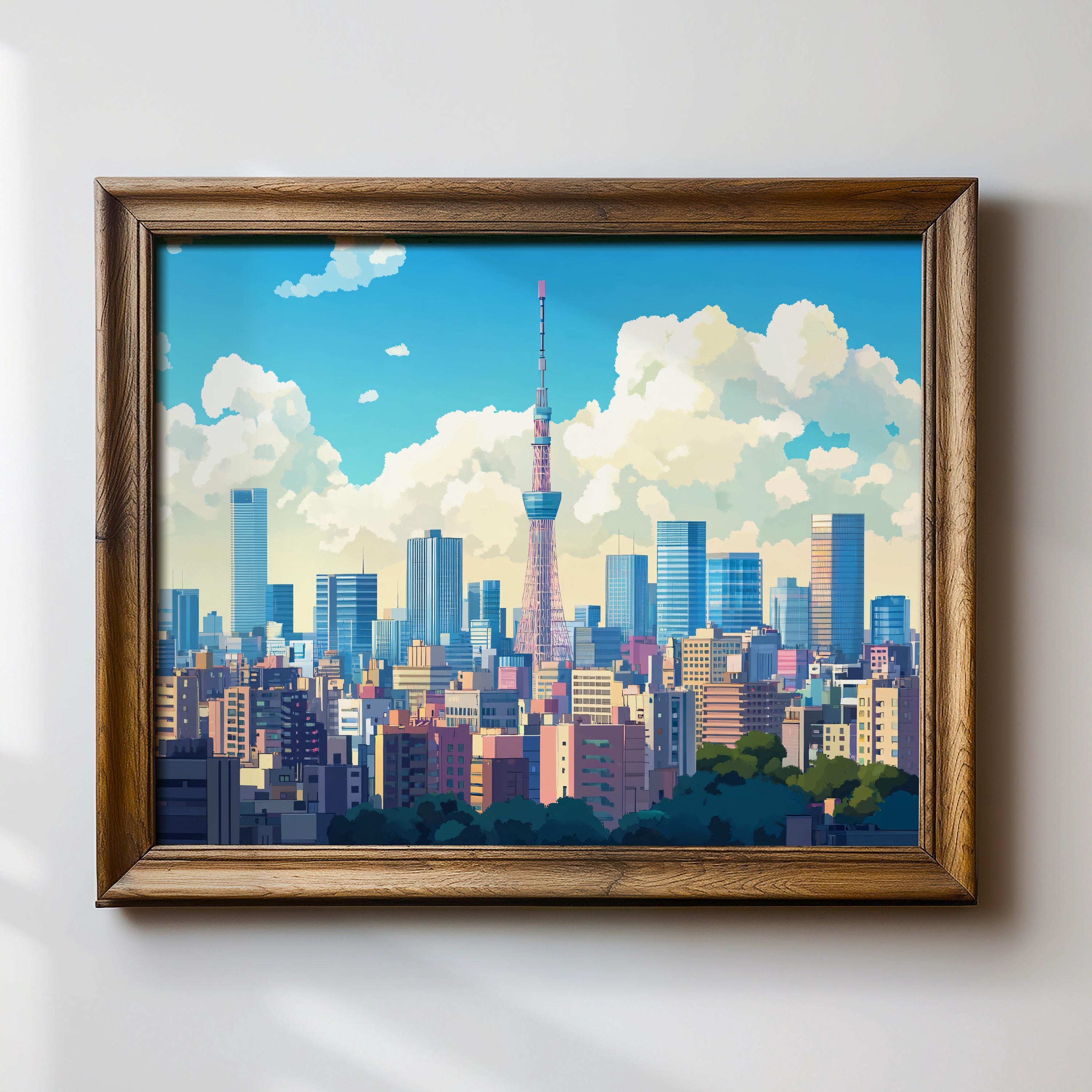 Tokyo City Skyline Print, Skytree Anime Style Wall Art, Colorful
