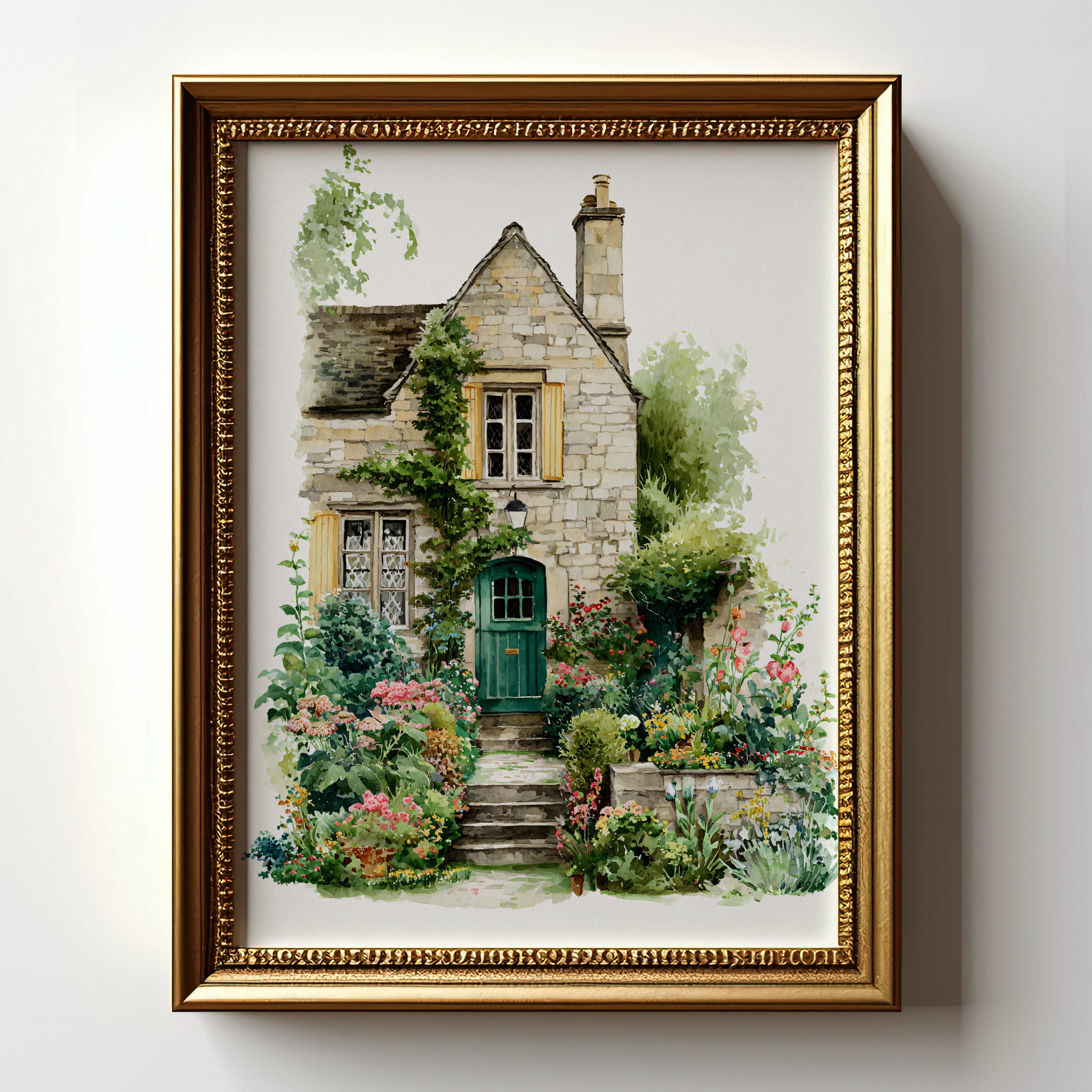 English Cottage Wall Art Print, Watercolor Country House Painting ...