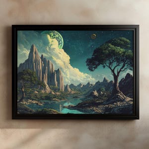 Fantasy Landscape Art Print, Sci-Fi Wall Decor, Alien Planet Artwork, Celestial Forest Scene, Surreal Nature Painting, Outer Space Poster