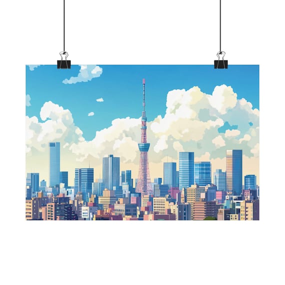 Tokyo City Skyline Print, Skytree Anime Style Wall Art, Colorful
