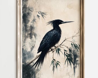 Black Bird Illustration, Nature Wall Decor, Minimalist Bird Art, Elegant Bird Artwork, Ink Wash Painting, Tranquil Nature Scene, Zen Bird