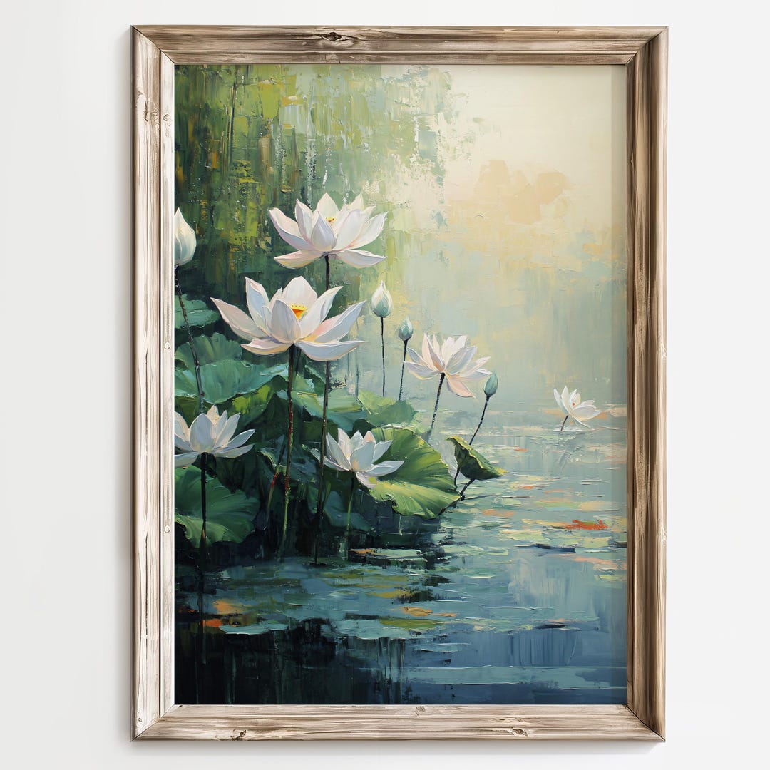 Lotus Flower Painting, Water Lily Art, Oil Painting Print, Floral Wall ...