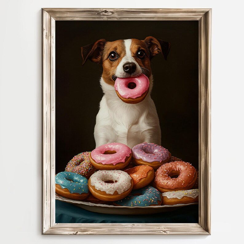 Funny Dog With Donut, Jack Russell Terrier Print, Cute Dog Wall Art, Donut Lover Print Dog Kitchen Decor, Pet Portrait, Colorful Donuts Art image 4