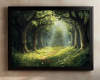 Enchanted Forest Print, Sunlight Through Trees Art, Magical