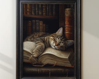 Op de afbeelding: Een tabbykat slaapt rustig op een open boek, met een stapel boeken erachter. Het boek is oud en heeft een versleten leren kaft. De ogen van de kat zijn gesloten en zijn poten zijn opgerold.