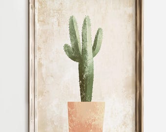 Minimalist Cactus Art Print, Modern Botanical Wall Decor, Green Cactus Painting, Potted Plant Art, Abstract Desert Artwork, Boho Home Decor