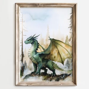 Fantasy Dragon Art Print, Watercolor Dragon Painting, Mystical Forest Creature, Green Dragon Wall Decor, Mythical Beast Artwork