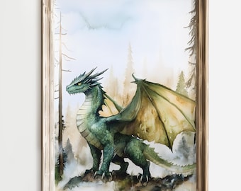 Fantasy Dragon Art Print, Watercolor Dragon Painting, Mystical Forest Creature, Green Dragon Wall Decor, Mythical Beast Artwork