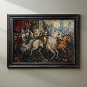 Medieval Knight Procession Matte Poster, Vintage Fantasy Art Print, Noble Horseback Riders, Castle Wall Decor, Historical Renaissance Scene