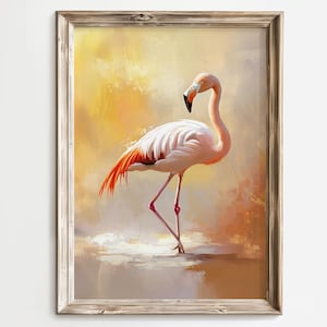 Flamingo Art Print, Tropical Bird Wall Decor, Modern Flamingo Painting, Gold Background Flamingo Poster, Elegant Tropical Flamingo Decor