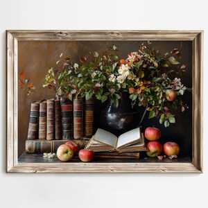 Vintage Book Decor, Autumn Still Life Art, Antique Books, Apples and Flowers, Rustic Home Decor, Classic Literature, Fall Nature Art Print image 2
