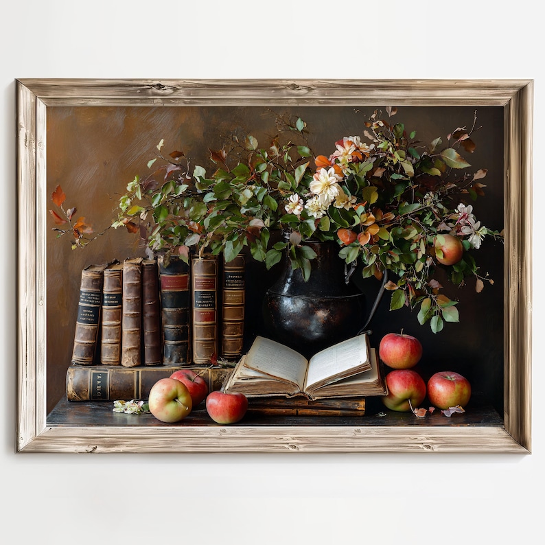 Vintage Book Decor, Autumn Still Life Art, Antique Books, Apples and Flowers, Rustic Home Decor, Classic Literature, Fall Nature Art Print image 2