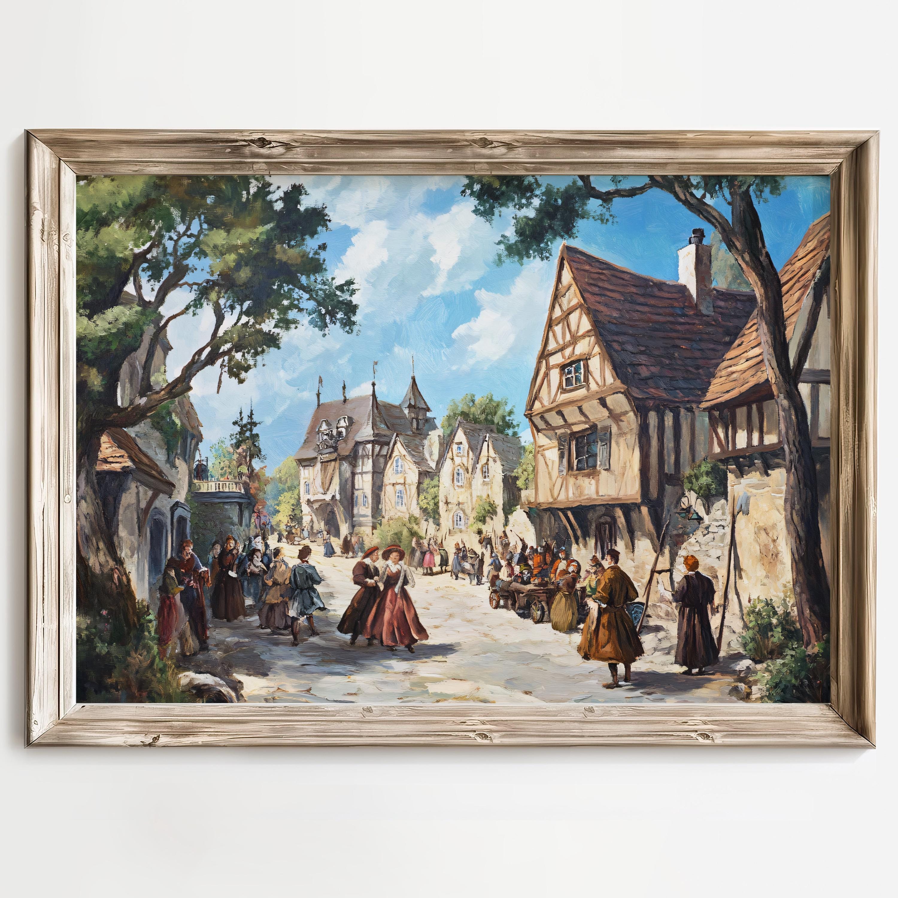 Medieval Festival Art, Vintage Village Decor, Medieval Village