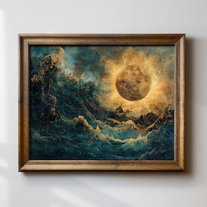 Cosmic Fantasy Art Print, Surreal Celestial Artwork, Moon and Ocean Painting, Sci-Fi Space Decor, Ethereal Wall Art, Mystical Aesthetic