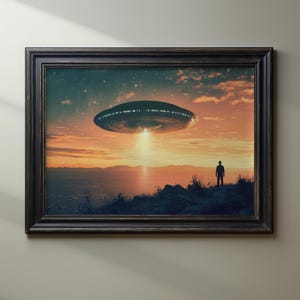 UFO Art Print, Sci-Fi Wall Art, Alien Spaceship Poster, Futuristic Landscape Artwork, Sunset Sci-Fi Decor, Unique Gift for Space Lovers