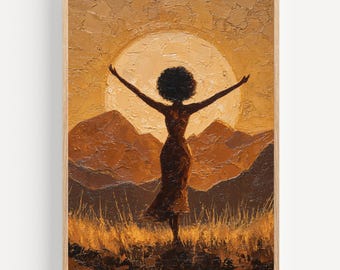 May include: A framed oil painting depicts a person with arms outstretched, silhouetted against a large sun. The artwork features a warm color palette of browns, oranges, and yellows, with mountains in the background and tall grass in the foreground.