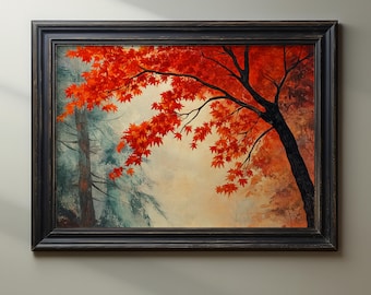 Autumn Tree Art Print, Red Maple Wall Decor, Fall Nature Landscape, Rustic Woodland Artwork, Japanese Inspired Seasonal Painting, Home Decor