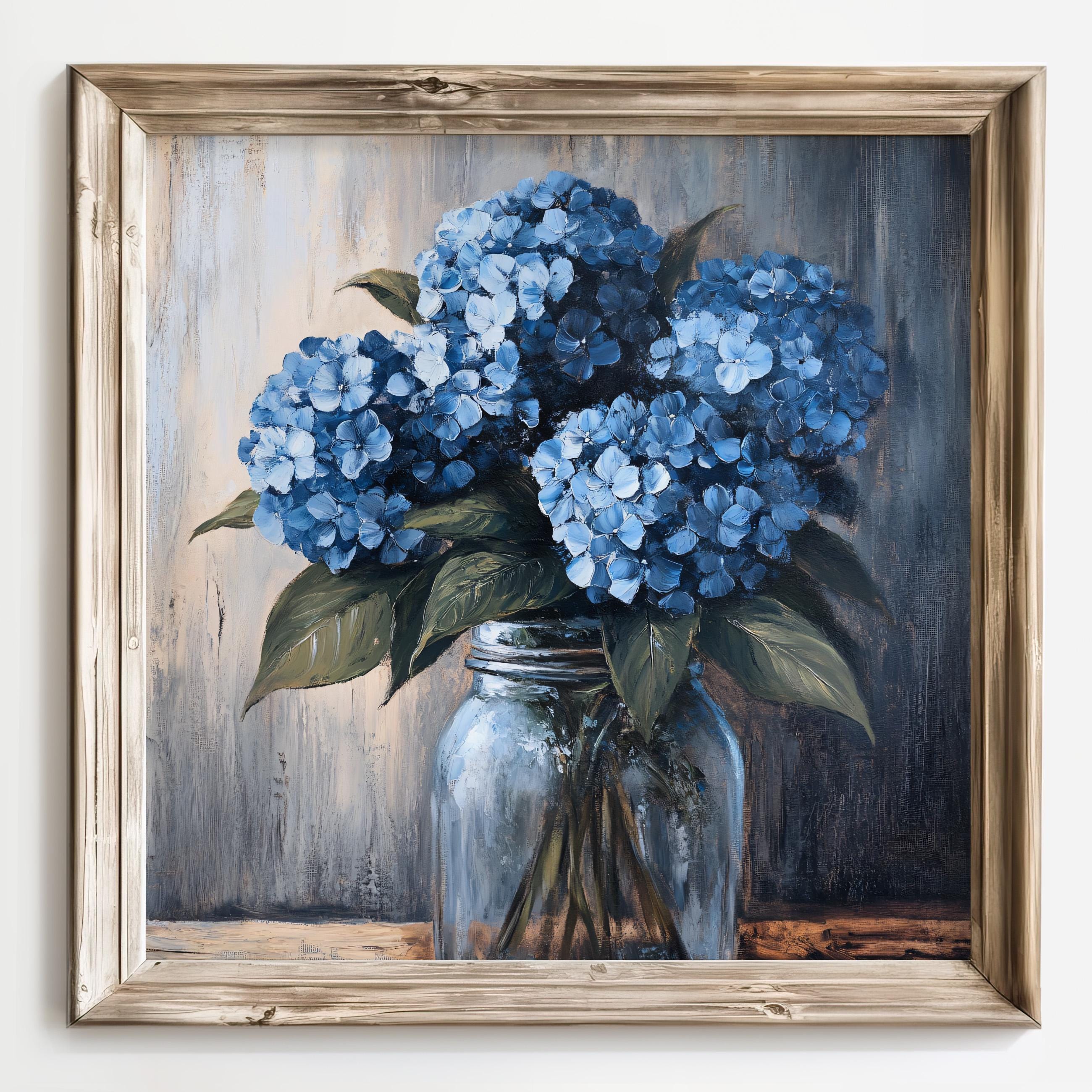 Rustic Hydrangea Wall Art, Blue Floral Print, Country Farmhouse
