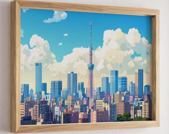 Tokyo City Skyline Print, Skytree Anime Style Wall Art, Colorful