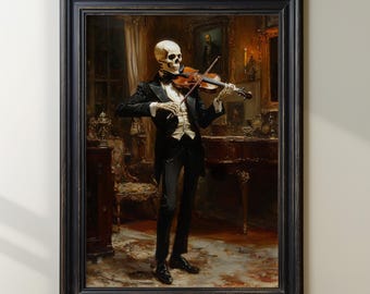 Skeleton Violinist Print, Gothic Wall Art, Dark Classical Decor, Skeleton Playing Violin, Macabre Musician Painting, Victorian Style