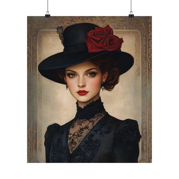 BLACK WIDE BRIMMED HAT, ROMANTIC HEROINE PORTRAIT STORYBOOK MYSTERIOUS VINTAGE Mysterious Woman in Wide Brim Hat – Elegant Fashion Wall Art  main image 2