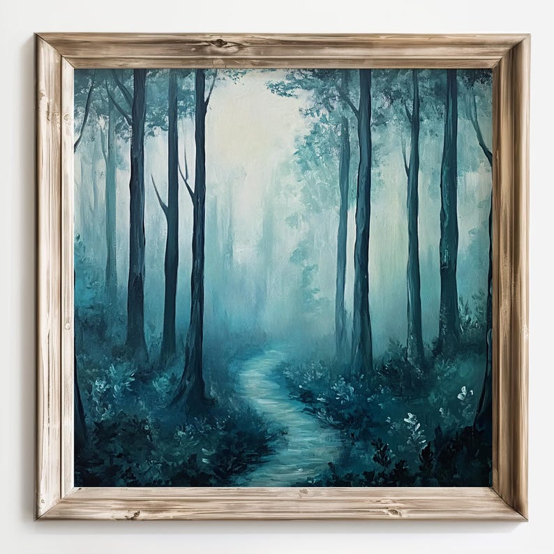 Moody Forest Art, Forest Path Art, Foggy Forest Painting, Dark Forest Decor, Moody Decor, Enchanted Forest Print, Moody Landscape Wall Art afbeelding 9