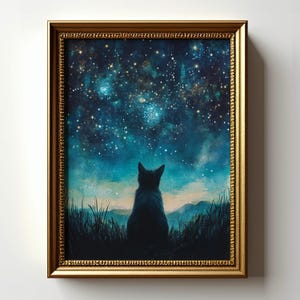 Impresión de gato estrellado, arte mural de animales celestiales, decoración de cielo nocturno de ensueño, póster de gato galáctico, obra de arte de mascota cósmica, pintura de gatito bajo las estrellas
