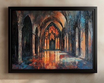 Gothic Cathedral Interior Matte Art Print, Medieval Architecture Wall Decor, Dramatic Arched Hallway Painting, Sacred Chapel Artwork