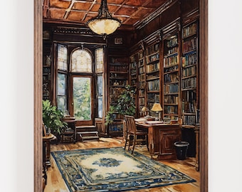 Library Wall Art Print, Classic Reading Room Decor, Elegant Book Lover Artwork, Cozy Vintage Study Design, Home Office Inspiration