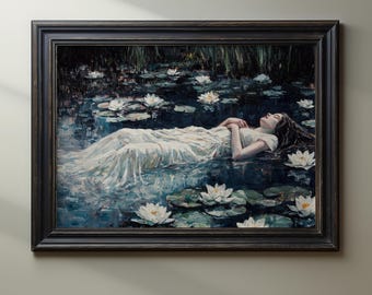 Ophelia Inspired Wall Art, Woman in Lily Pond, Romantic Tragedy Print, Dark Academia Decor, Pre-Raphaelite Aesthetic, Gothic Poster