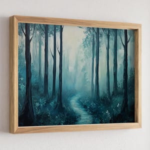 Moody Forest Art, Forest Path Art, Foggy Forest Painting, Dark Forest Decor, Moody Decor, Enchanted Forest Print, Moody Landscape Wall Art afbeelding 6