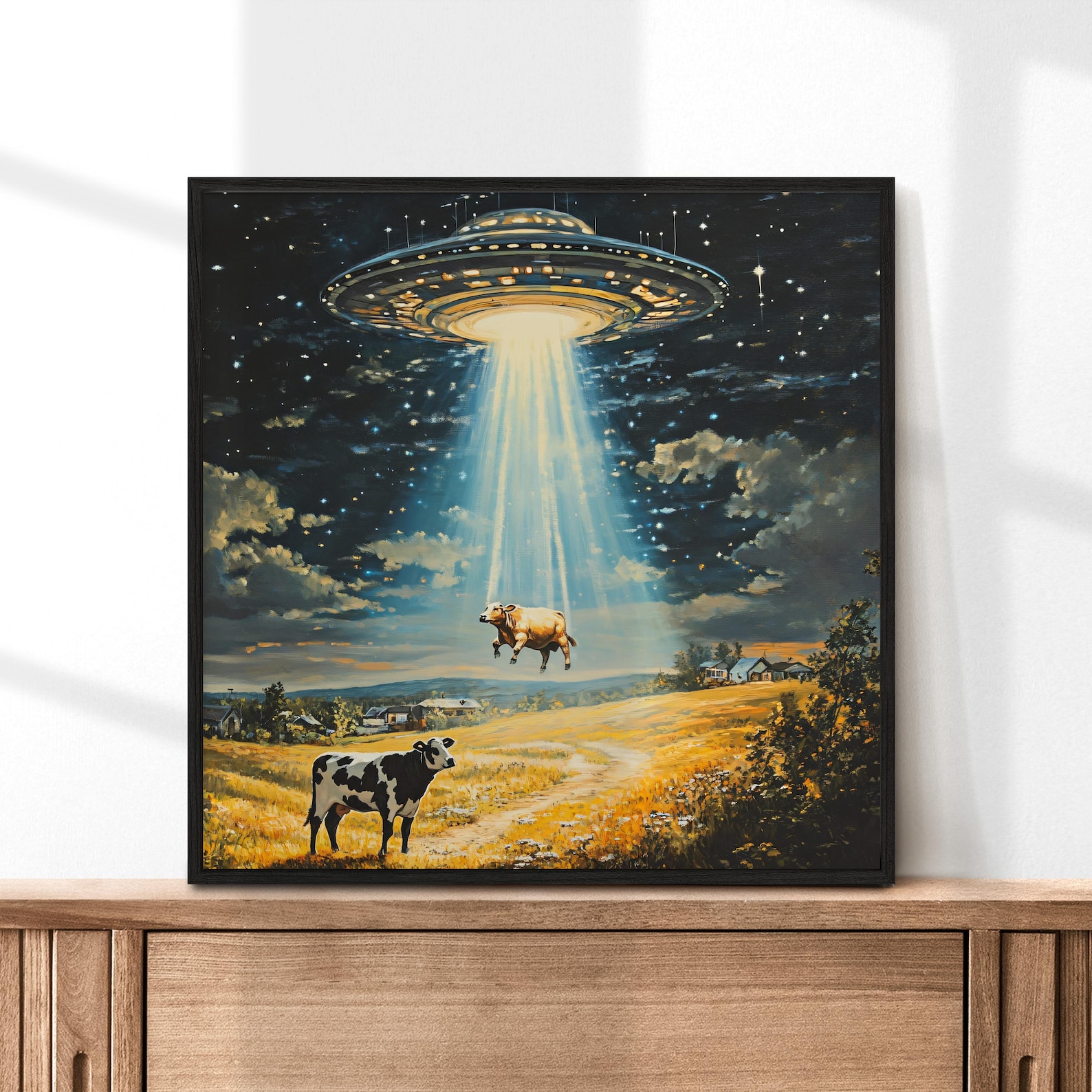 UFO Cow Abduction Art Print, Alien Spaceship Wall Art, Funny Farmhouse ...
