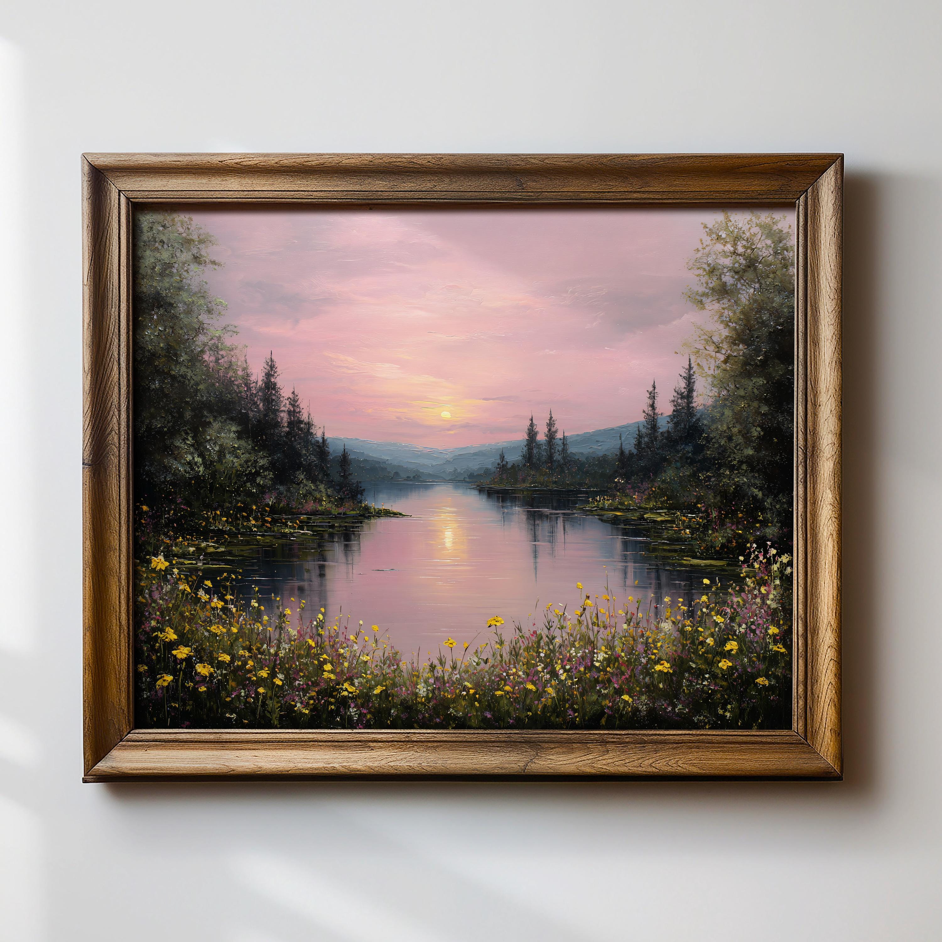 Sunset Lake Landscape Art Print, Wildflower Meadow Wall Art