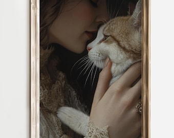 Historical Cat Painting, Victorian Cat Art Print, Romantic Pet Portrait, Vintage Style Wall Decor, Elegant Animal Artwork, Home Decor Gift