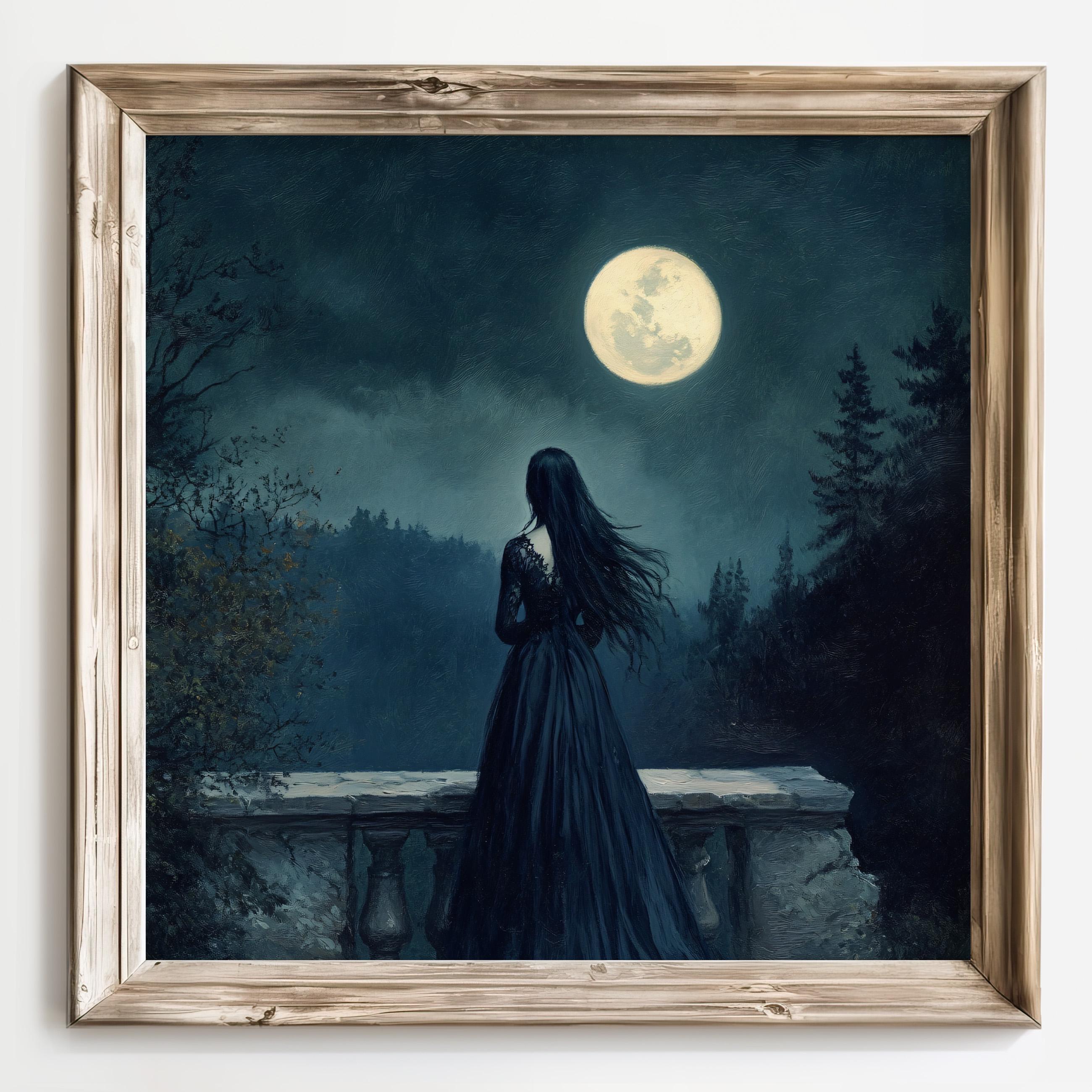 Gothic Moonlight Art Print, Dark Romantic Wall Decor, Woman in