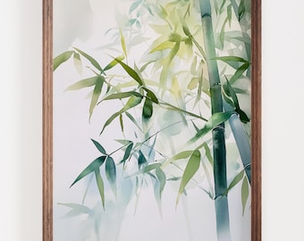 May include: Watercolor painting of bamboo stalks and leaves in shades of green and blue. The artwork is framed in a natural wood frame. The bamboo is the focal point, with detailed leaves and stalks.