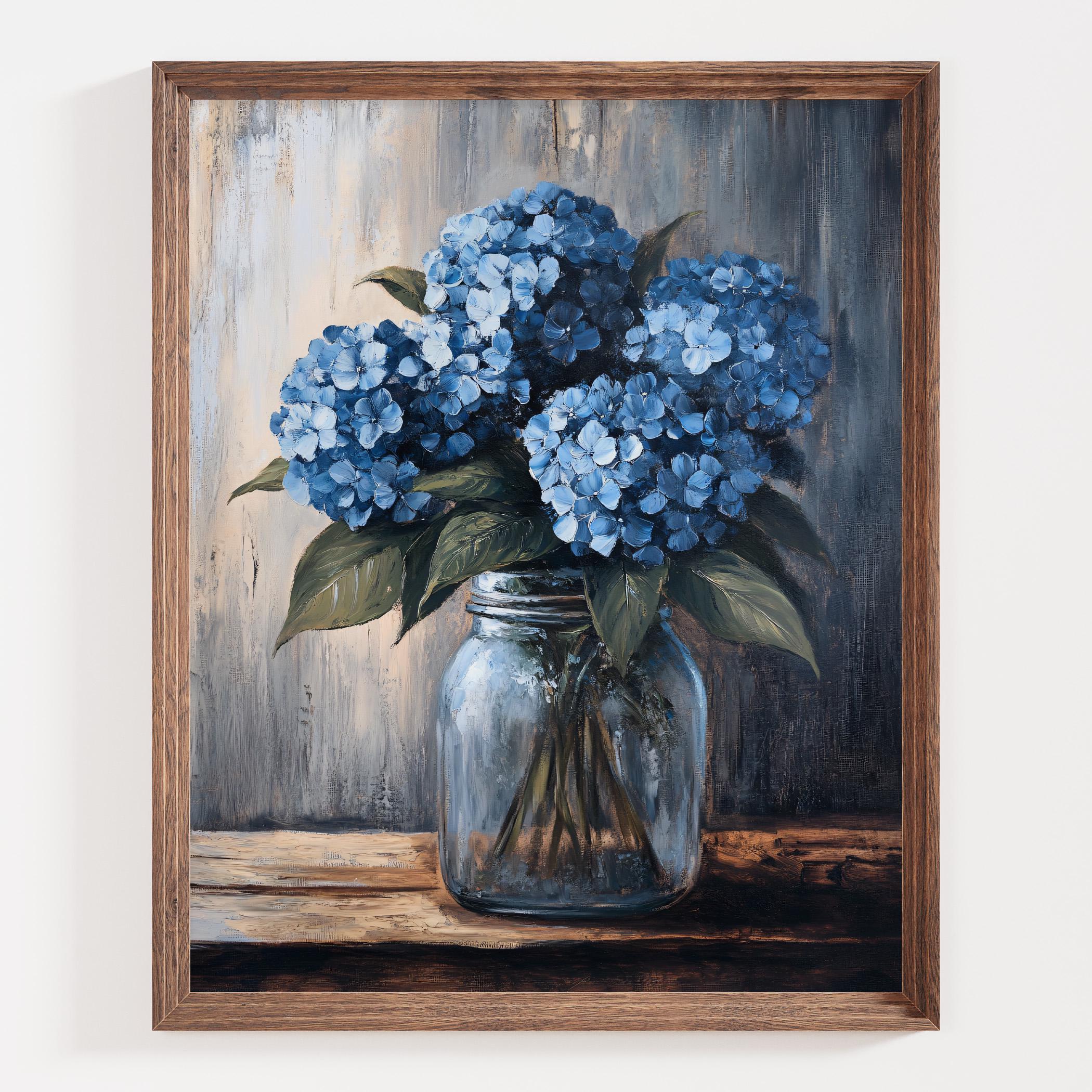 Rustic Hydrangea Wall Art, Blue Floral Print, Country Farmhouse