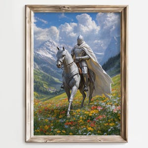 Knight In Shining Armor Print, Medieval Fantasy Wall Art, White Horse Warrior, Mountain Landscape Painting, Fairytale Decor, Castle Gift