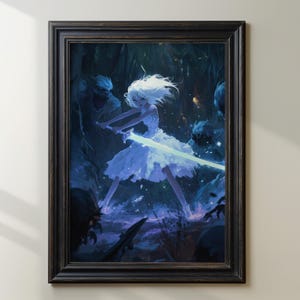 Fantasy Warrior Girl Art Print, Anime Swordfighter Poster, Dark Fantasy Battle Scene, Ethereal Female Warrior Decor, Epic Fight Artwork