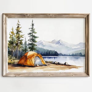 Camping Landscape Watercolor Art Print, Tent by Mountain Lake Artwork, Nature Lover Wall Decor, Outdoor Adventure Painting, Rustic Home Art