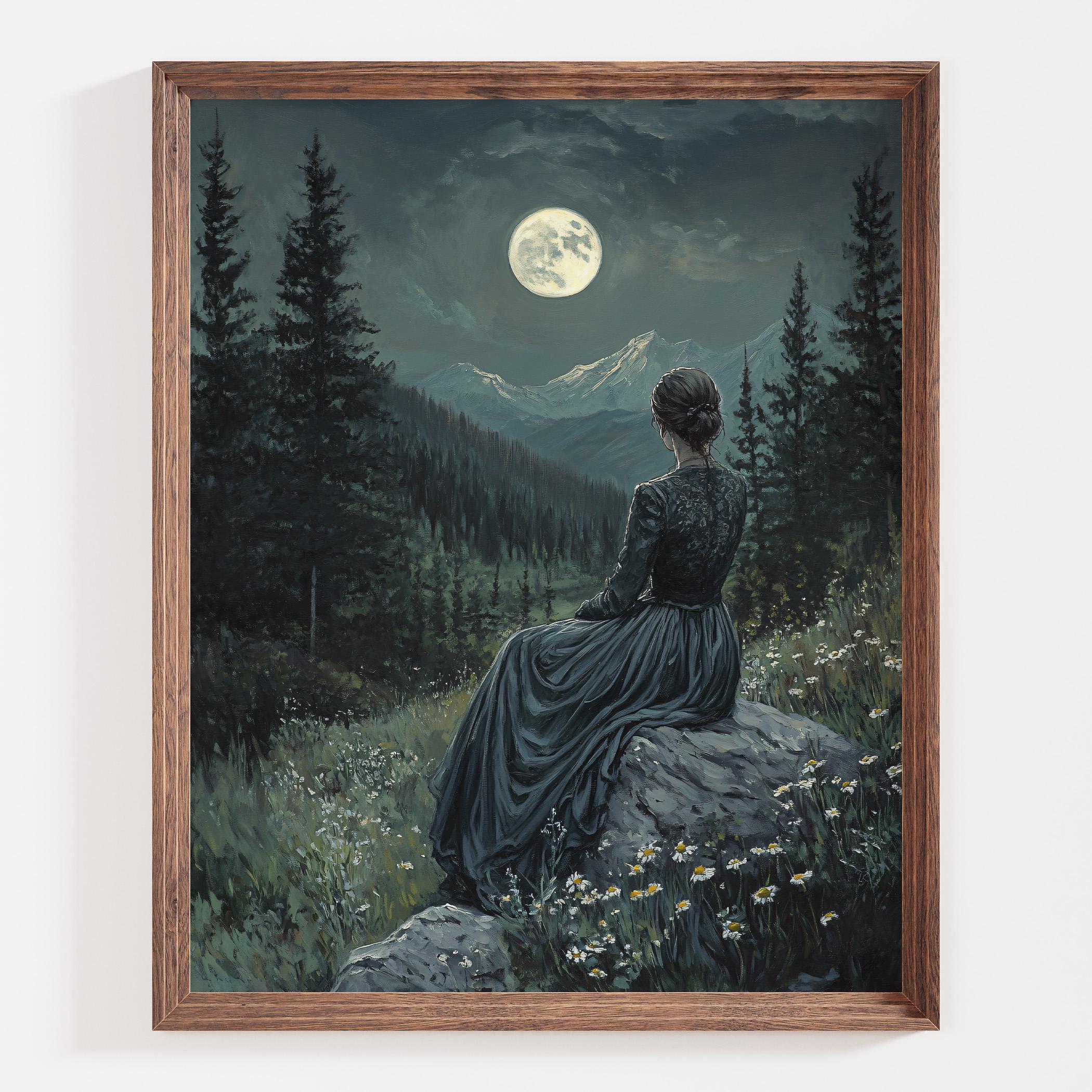 Full Moon Art Print, Woman in Forest, Romantic Gothic Wall Art