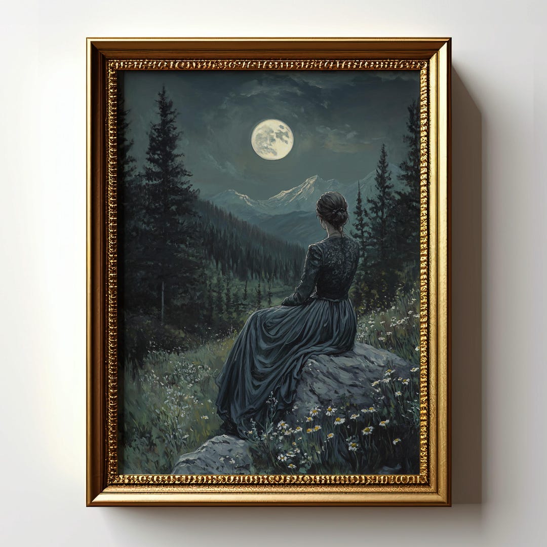 Full Moon Art Print, Woman in Forest, Romantic Gothic Wall Art