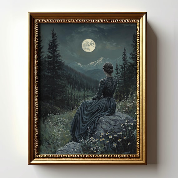 Full Moon Art Print, Woman in Forest, Romantic Gothic Wall Art